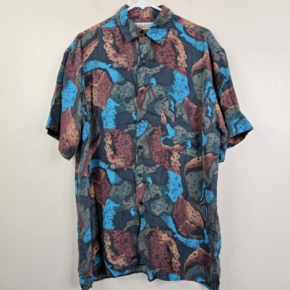 Huk-A-Poo Mens Vintage Silk Abstract Printed Short Sleeve Button Down Large